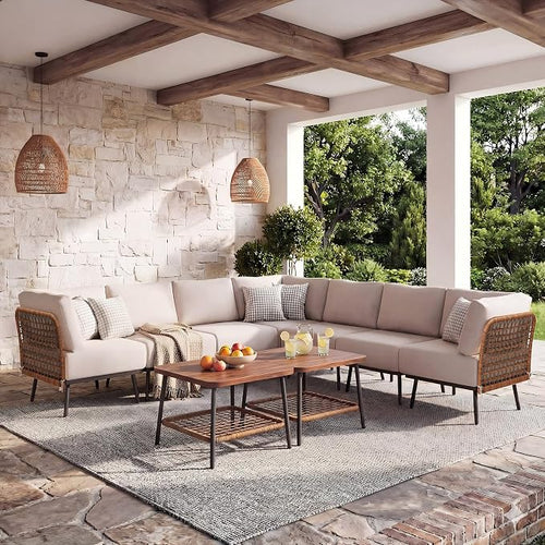 9-Piece Patio Conversation Sets, Rattan Outdoor 7-Seat Sectional Sofa, Wicker by Mugovelo