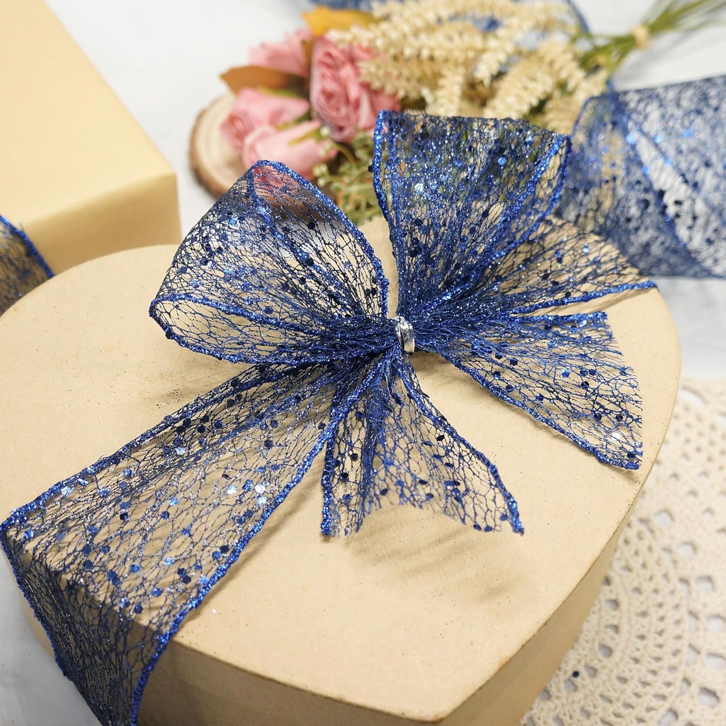 CT CRAFT LLC Sparkling Glitter Mesh Wired Ribbon 2.5" x 20 Yards Blue Navy for Christmas Home Decor Bow Gift Wrapping DIY Crafts Wreath