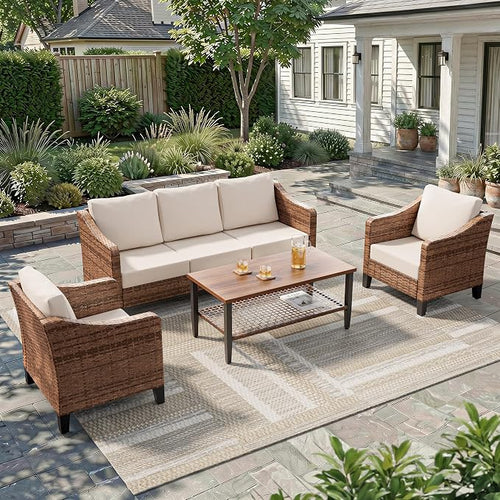 4-Piece Patio Conversation Sets, Outdoor Sectional Sofa 2-Tier Coffee Table by Mugovelo