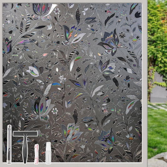 NINETREX Window Privacy Film,Decorative Window Film Frosted,Stained Glass Window Cling,Heat Blocker Non-Adhesive for Home,Grayish Black 17.5 x 157.4inch