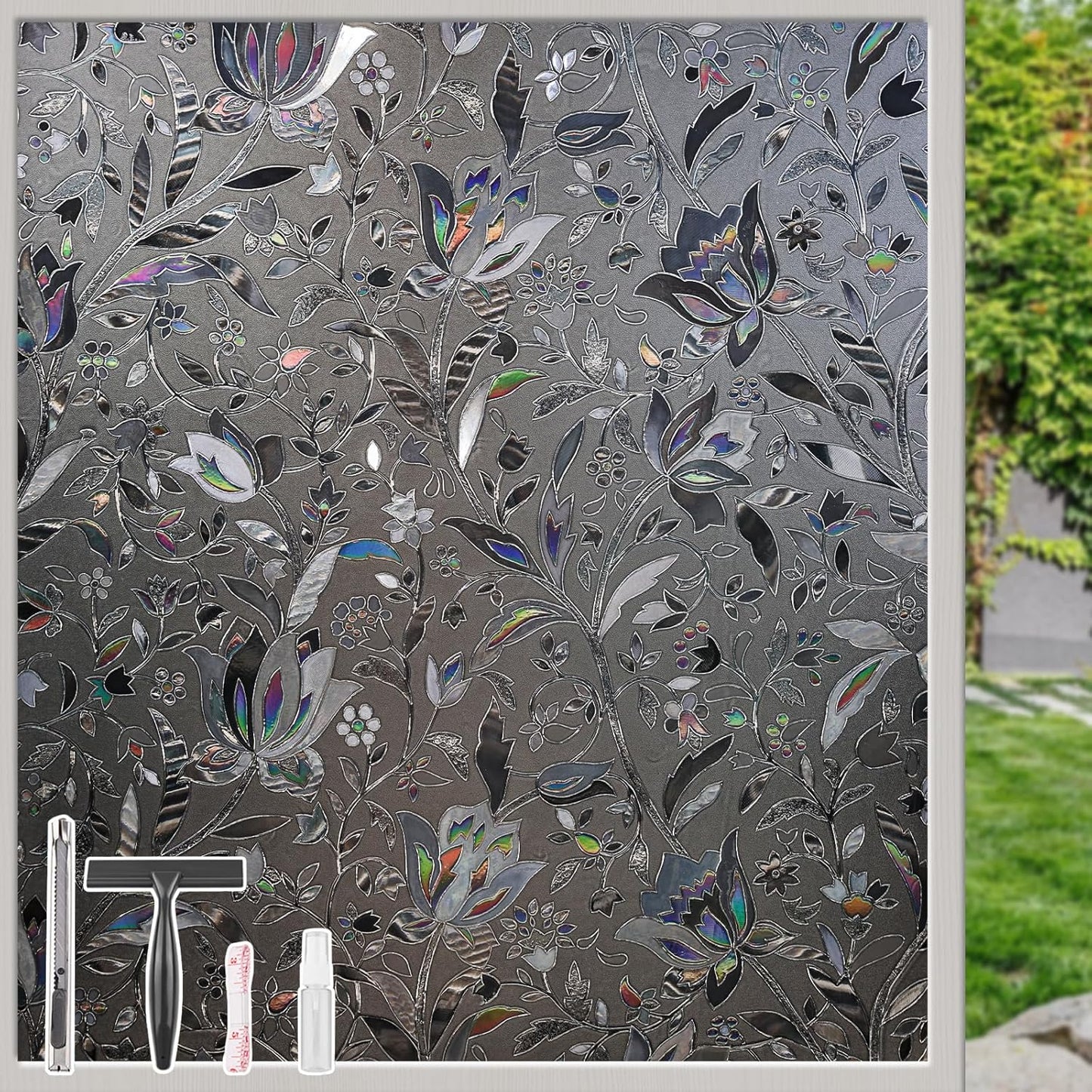 NINETREX Window Privacy Film,Decorative Window Film Frosted,Stained Glass Window Cling,Heat Blocker Non-Adhesive for Home,Grayish Black 35.4 x 78.7inch