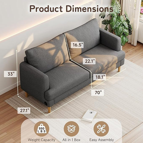 70" Modern Loveseat Sofa with USB Type-C Ports, Linen Fabric 2-Seater Deep Seat - Image 2
