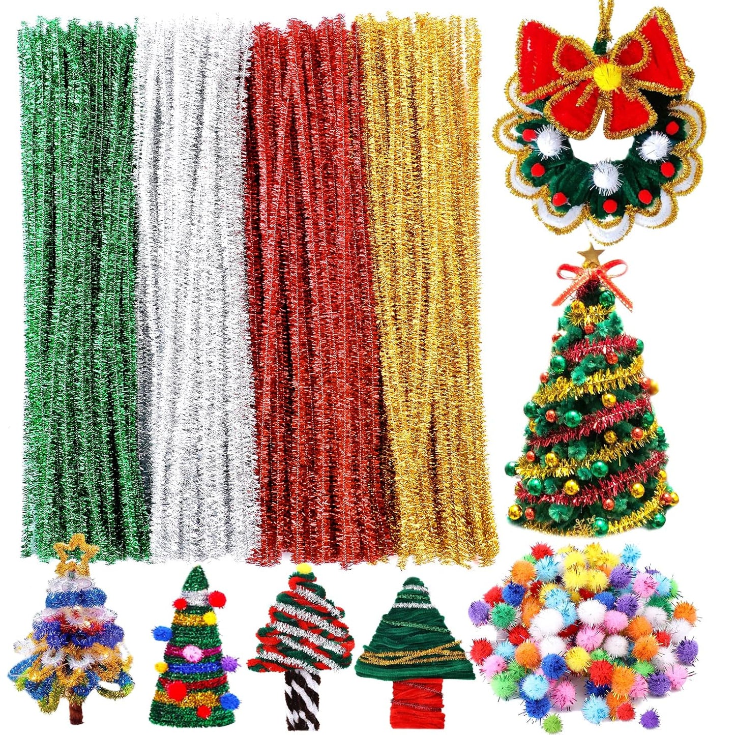 200 Pieces Pipe Cleaners, Christmas Glitter Pipe Cleaners, Pipe Cleaners Chenille Stem with 100 Pom Poms, Craft Pipe Cleaners for Creative Christmas Decoration Supplies Arts and Crafts Project