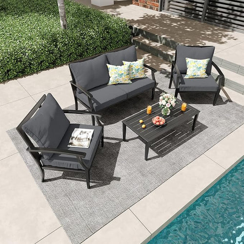 4-Piece Patio Conversation Set, Oversized Outdoor Metal Furniture Set by Unknown