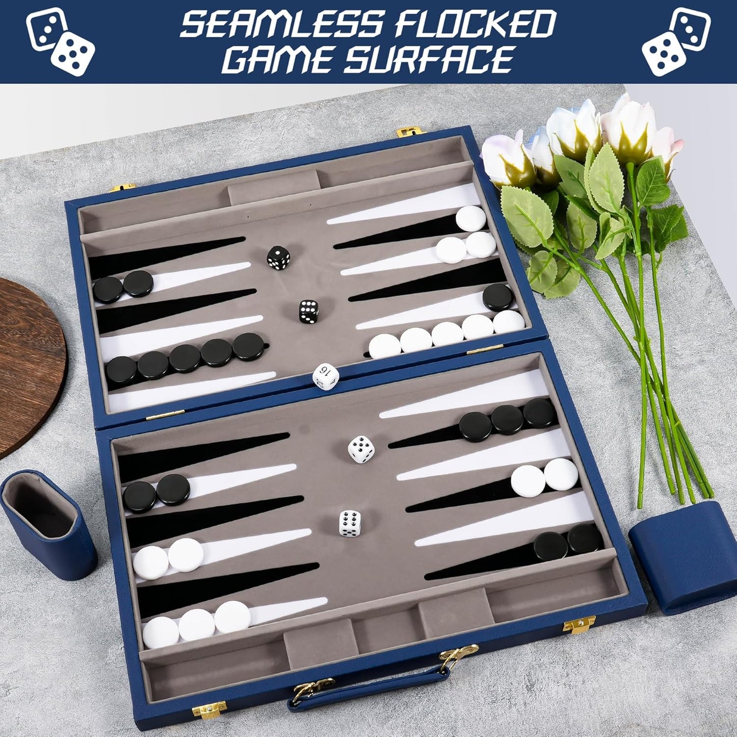 Froggod Travel Backgammon Sets for Adults – 15 Inch Premium Backgammon Set – PU Leather Case with Seamless Flocked Game Surface – Classic Board Games for 2 Player and Gift for Men(Dark Blue)