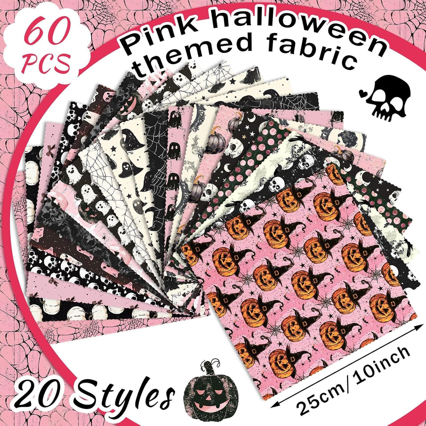 Ganeen 60 Pcs 10 x 10 Inch Pink Halloween Quilting Fabric Squares Vintage Pink Ghost Fat Patchwork Precut Strips Retro Pumpkin Skull Fabric Bundles for Holiday DIY Craft Sewing Quilt Material Handmade