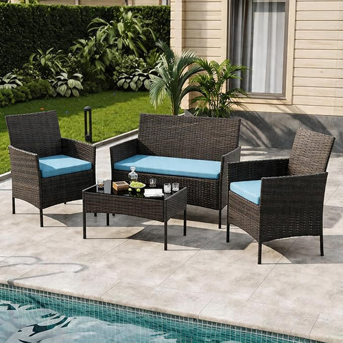 4-Piece Outdoor Furniture Set, PE Rattan Wicker Chairs by Unknown