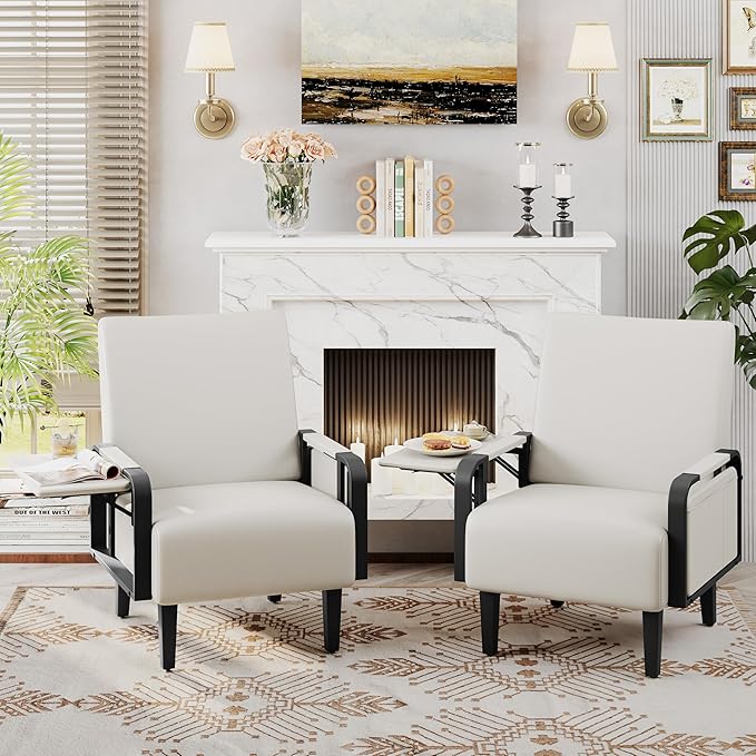 Andeworld Modern Beige Accent Chair, PU Leather Upholstered Armchair Side Chair - Image 8