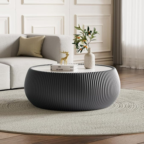 27.55" Round Marble Coffee Table, Modern Fluted Coffee Table by Henf