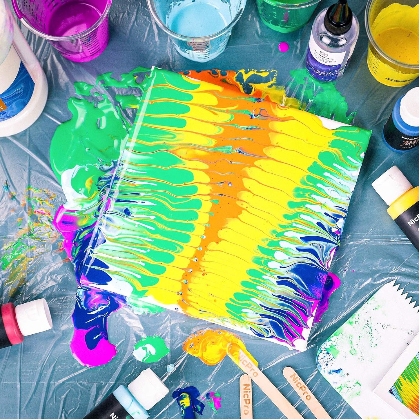 Nicpro Acrylic Pouring Kit, Artist Starter Supplies Including 19 Colors Acrylic Paints,Pouring Medium, Silicone Oil, Canvases, Gloves, Strainers, Mixing Stick, Instructions for Flow DIY Painting