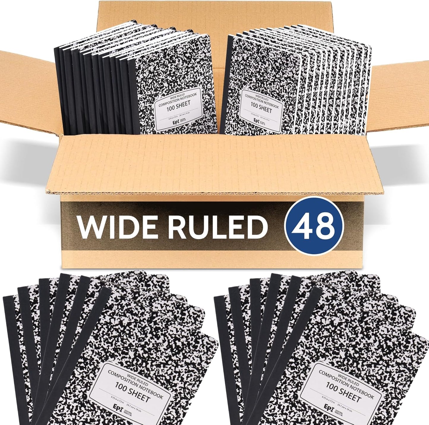 EPI Marble Hardcover Wide Ruled Composition Notebook | 200 Pages (100 Sheets), 9.75 x 7.5 in, Sturdy Sewn Binding | School, Office, Journaling, Notes - 48 Pack
