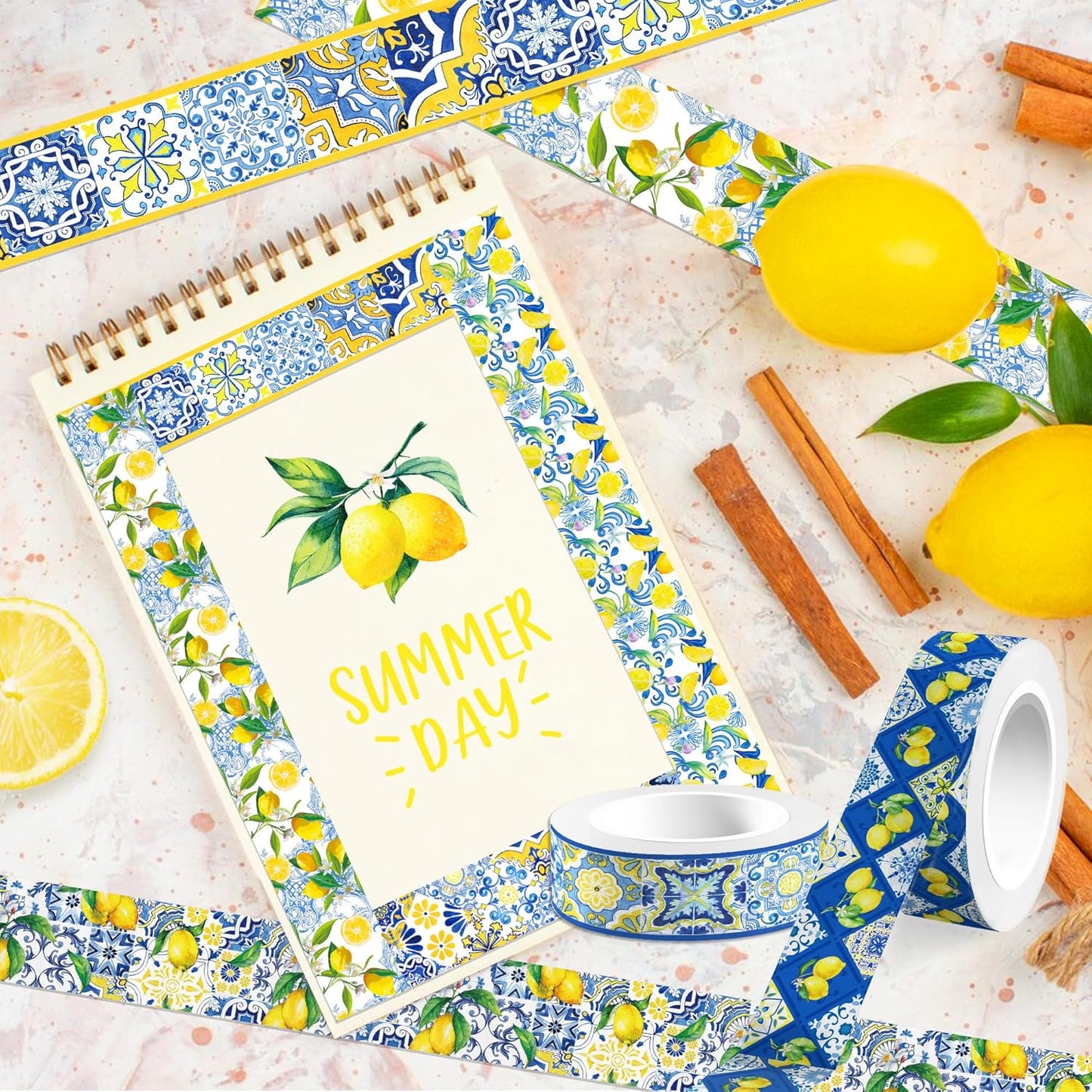 Lemon Washi Tape 12 Rolls, Blue Tiles Yellow Lemon Printed Decorative Washi Tape Set, DIY Art Crafts Wrapping Decor for Gifts Wrapping,Wedding Bridal Shower