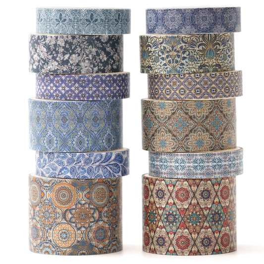 12 Rolls Exotic Charm Washi Tape Set Floral Arts Adhesive Tapes Geometric Garden Decorative Masking Tape Sets for Craft, Kids, Scrapbook, DIY, Gift Wrapping (Azure Serenity)