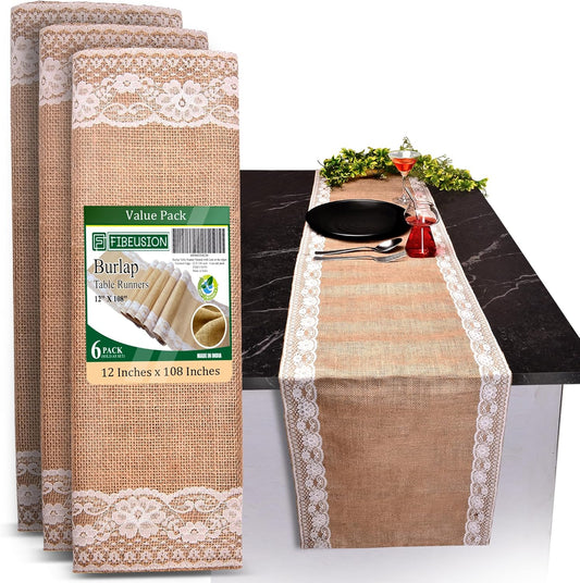 Burlap Lace Table Runner (Pack of 6) – 12”x 108” - No-Fray Finished Edge Natural Table Runner – No Odor, Eco-Friendly Burlap Runner - Perfect for Christmas, Wedding, Thanksgiving