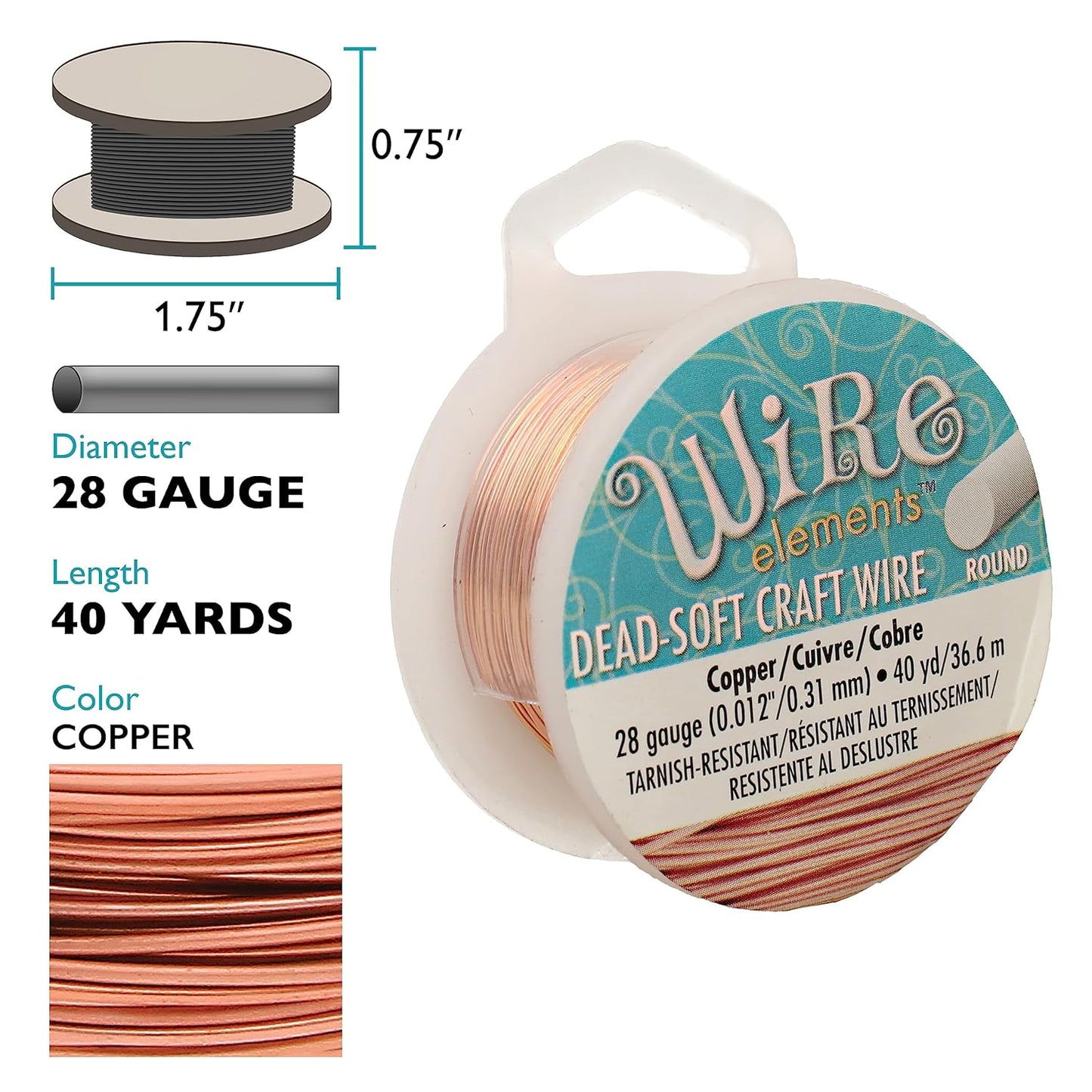 The Beadsmith Wire Elements Craft Wire – Tarnish Resistant, Soft Temper, Round, Copper Color – 0.32mm, 28 Gauge, 40 Yard Spool – Jewelry Making, Wire Wrapping, Floral, & Other DIY Crafts