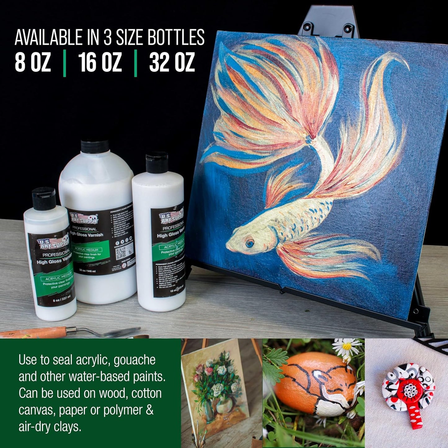 U.S. Art Supply 8 oz High Gloss Varnish for Acrylic Paintings - Clear Protective Finish with UV Protection
