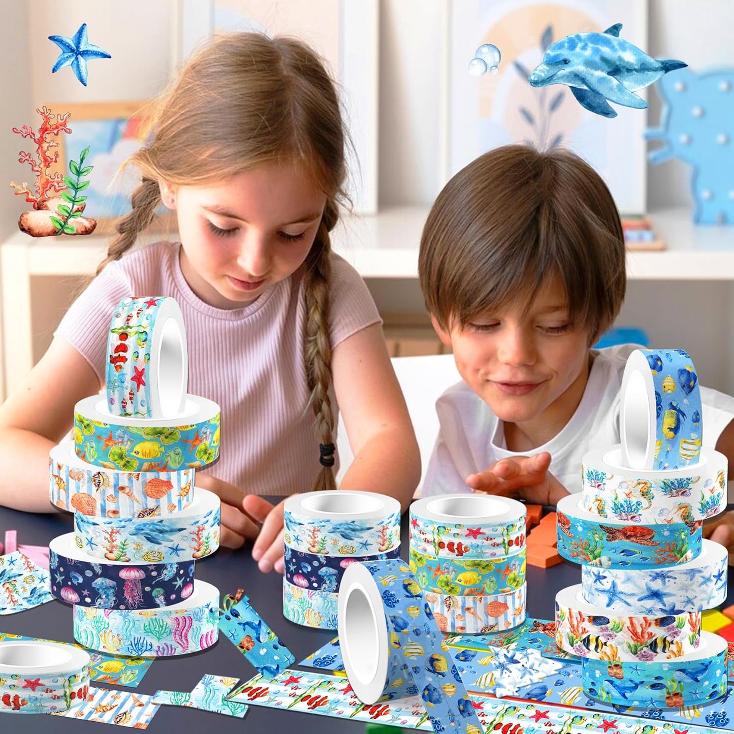 Ocean Washi Tape Set 12 Rolls,Decorative Tape Washi Tape,Tropical Style Sea Animals Ocean Party Decorative Tape Sticker for Scrapbook Journal DIY Art Crafts Gift Wrapping
