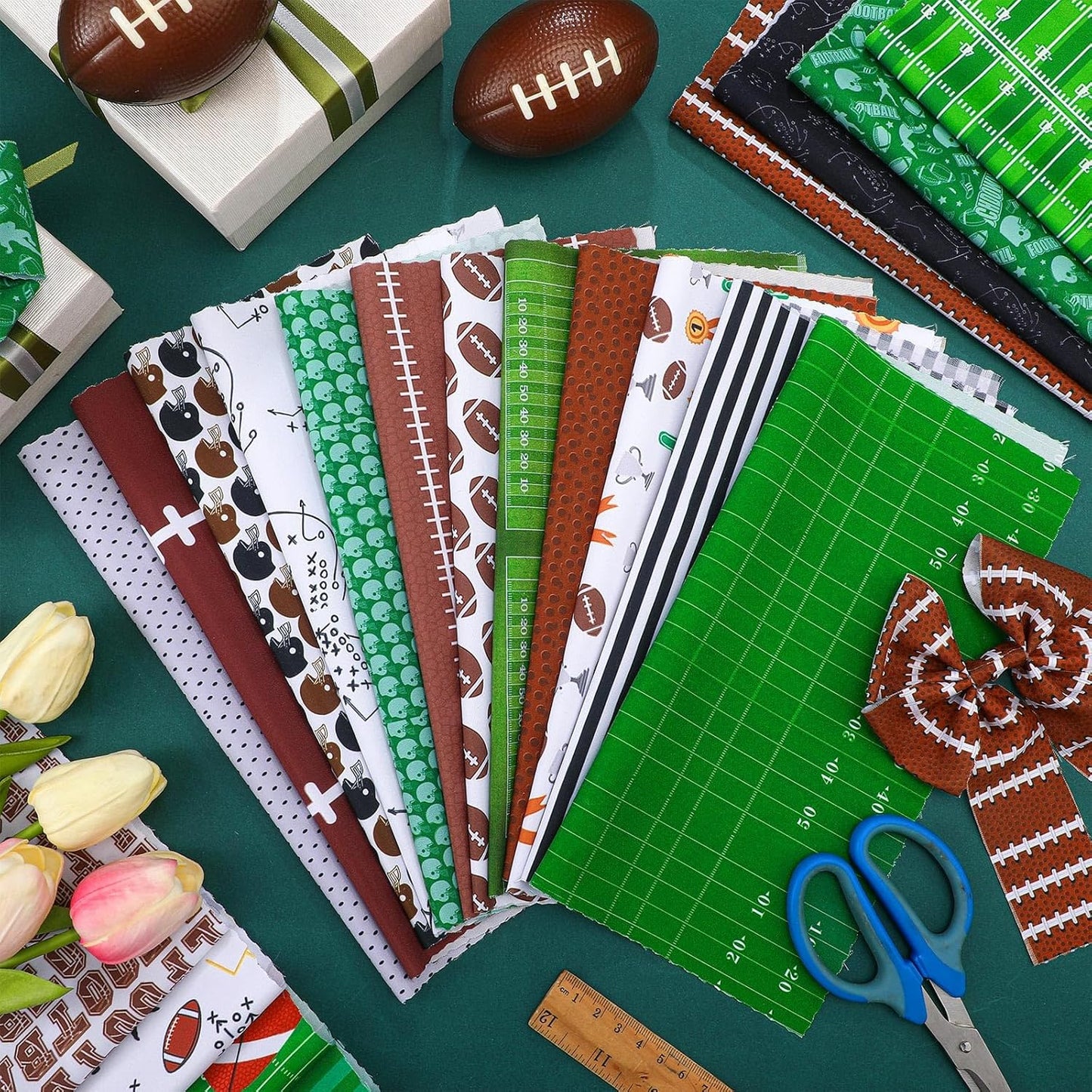 Ganeen 60 Pcs 10 x 10 Inch Football Quilting Fabric Squares Vintage Football Fat Patchwork Precut Strips Retro Green and Brown Fabric Bundles for Holiday DIY Craft Sewing Quilt Material Handmade