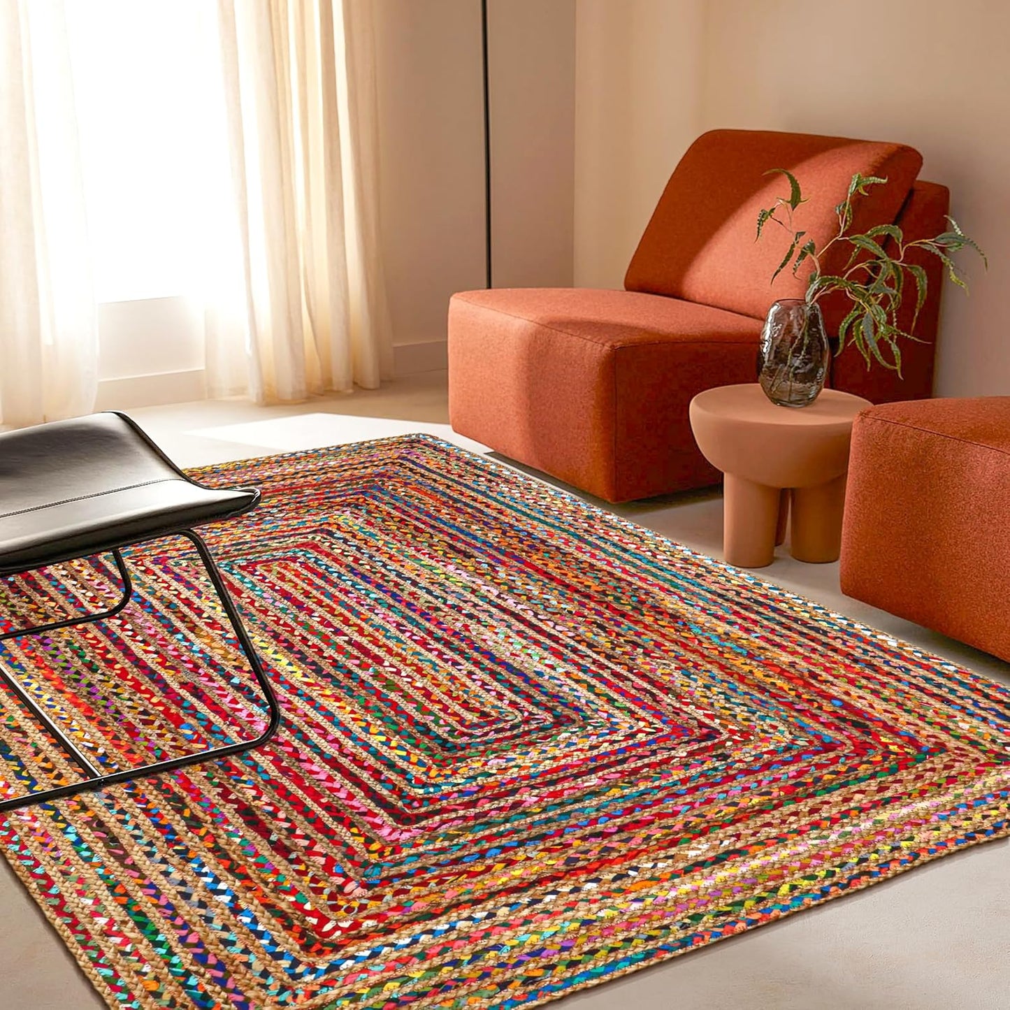 3'x5' Handwoven Jute Chindi Area Rug - Colorful Boho Rugs for Living Room - Hand Braided Multicolor Bohemian Rug for Farmhouse, Bedroom, Dining Room, Classroom, Hallway, Kitchen, Office