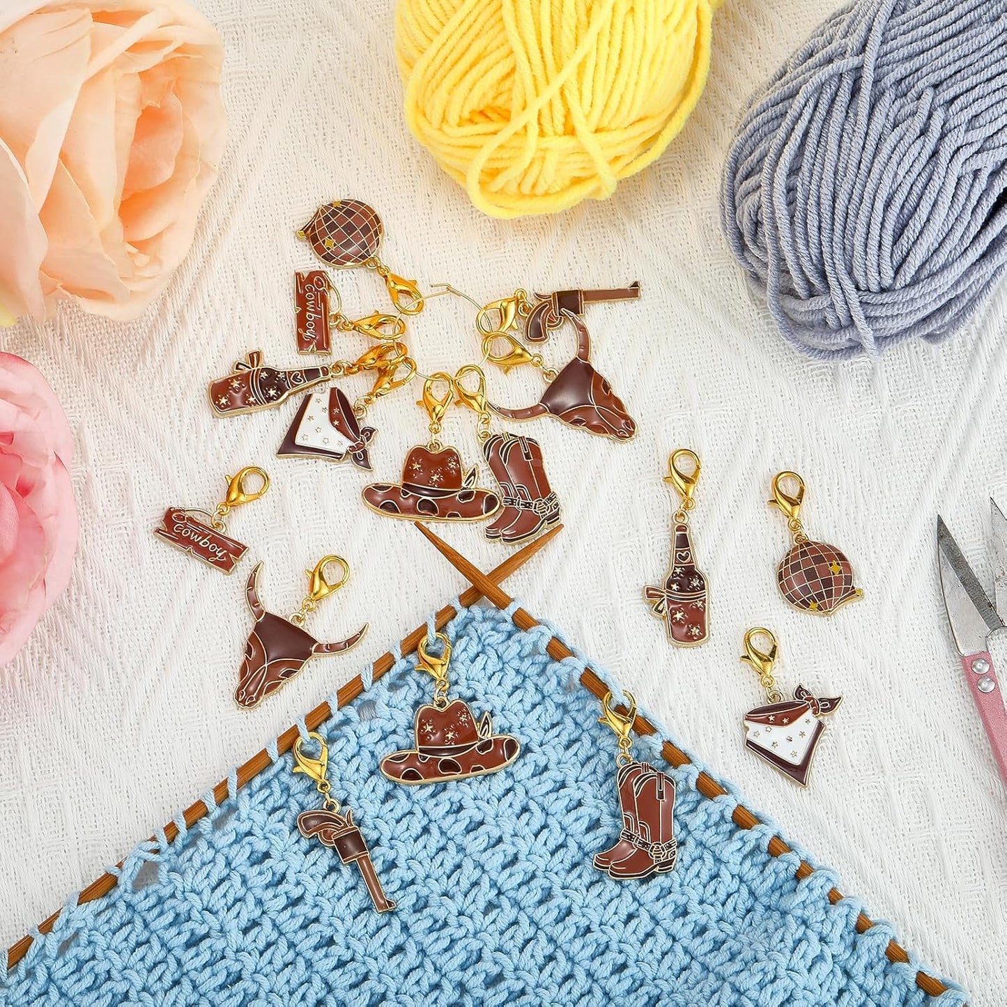 BEEFLYING 16Pcs Cowboy Stitch Marker Charms for Crocheting and Knitting, 8 Styles Brown Alloy Enemal Crochet Knit Stitch Marker Pendant with Leverback Clasp for Knitting Crocheting Accessories
