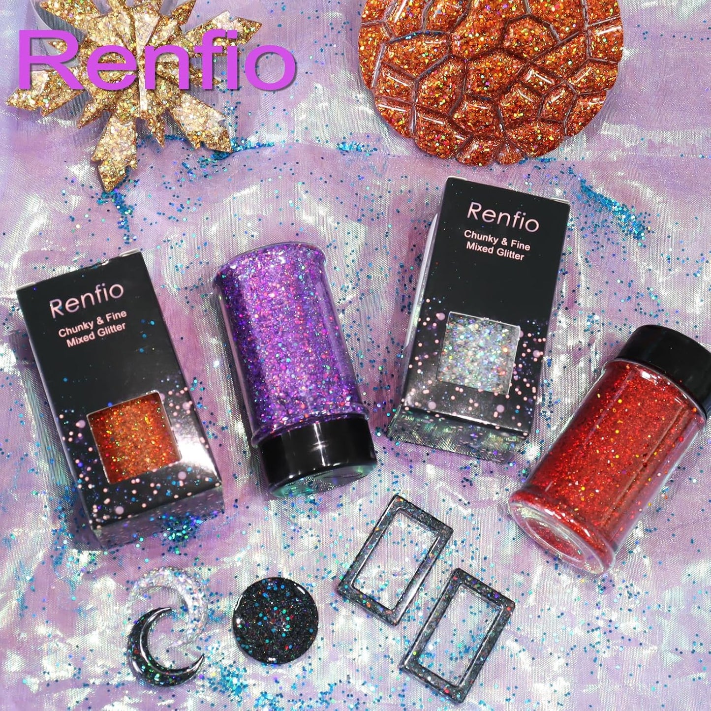 Renfio Holographic Glitter, 2.11oz/60g Medium Size Chunky Mix Ultra Fine for Crafts, St Patrick's Day, Resin, PET Flakes for Nail Art, Tumblers, Slime - Laser Green