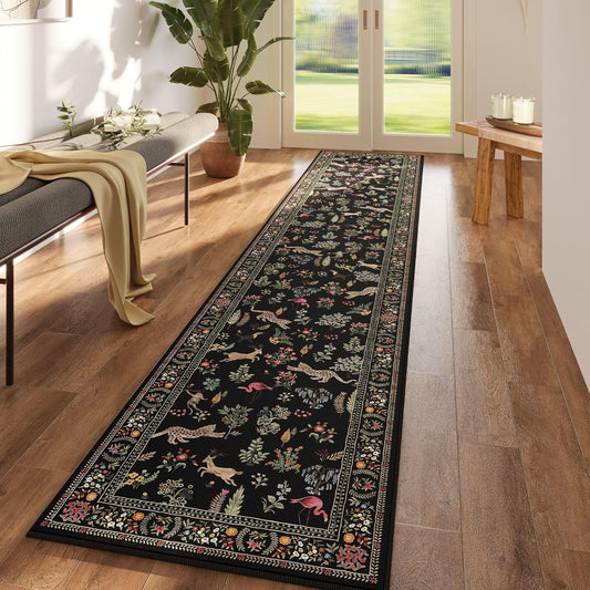 Rugcomf Runners for Kitchen Runner Rug Non Slip 2'x10' Long Washable Rugs with Rubber Backing Soft Floral Animal Carpet Runner for Kitchen, Laundry, Bedroom, Bathroom (Black)