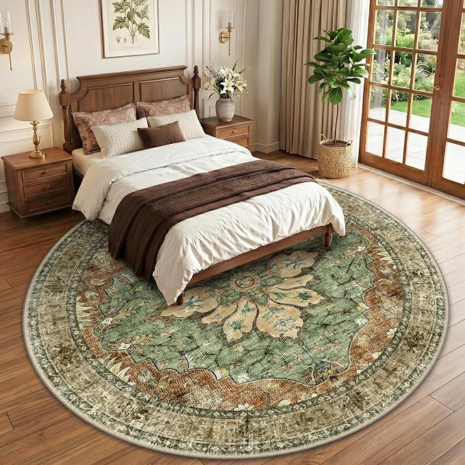 RELEANY Area Rugs Round 10ft Washable Non-Slip, Floral Vintage Distress Print - Image 2