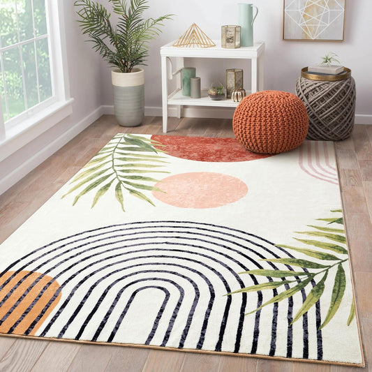 RoomTalks Mid Century Modern Washable Rug, Boho Cute Aesthetic 8x10 Area Rugs Large Carpet for Bedroom Dining Living Room Entryway Office, Contemporary Abstract Leaves Thin Pile Accent Indoor Rug