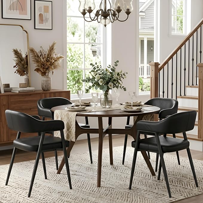 HNY Modern Dining Room Arm Chairs Set of 4, Retro Faux Leather Upholstered by HNY
