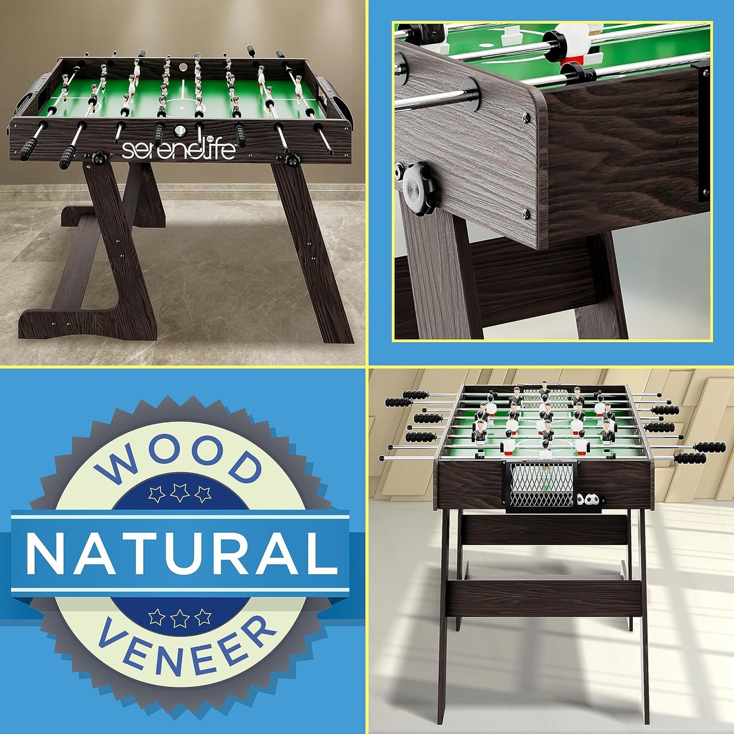 SereneLife Folding Foosball Table, 4’ x 2’ Full Competition Size Foldable Space Saving Table Soccer for Home, Arcade Game Room, for Indoor or Outdoor, Family Game Night, Perfect for Kids and Adults
