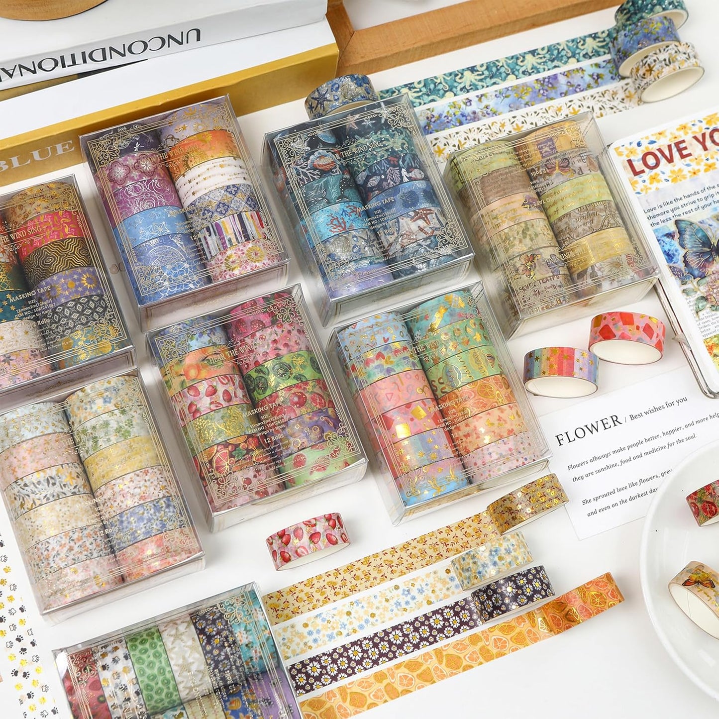 12 Rolls Charming Washi Tape Set Gold Silver Foil Detailing Arts Adhesive Tapes Basic Patterns Decorative Masking Tape Sets for Craft, Kids, Scrapbook, DIY, Gift Wrapping (Oceanic Dreams)