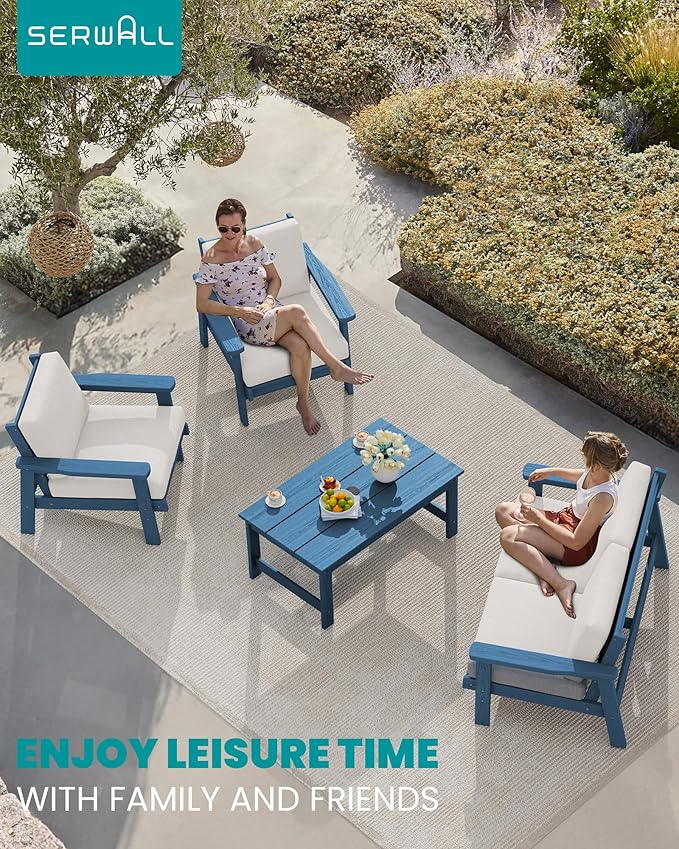SERWALL HDPE Outdoor Furniture Set, 7 Piece All Weather Wood-Like Outdoor Sofa - Image 9
