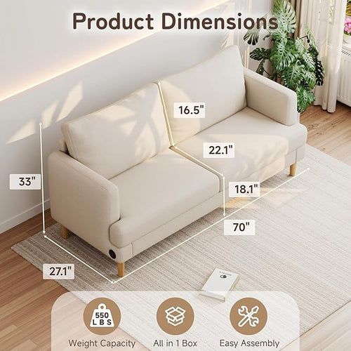 70" Modern Loveseat Sofa with USB Type-C Ports, Linen Fabric 2-Seater Deep Seat - Image 2