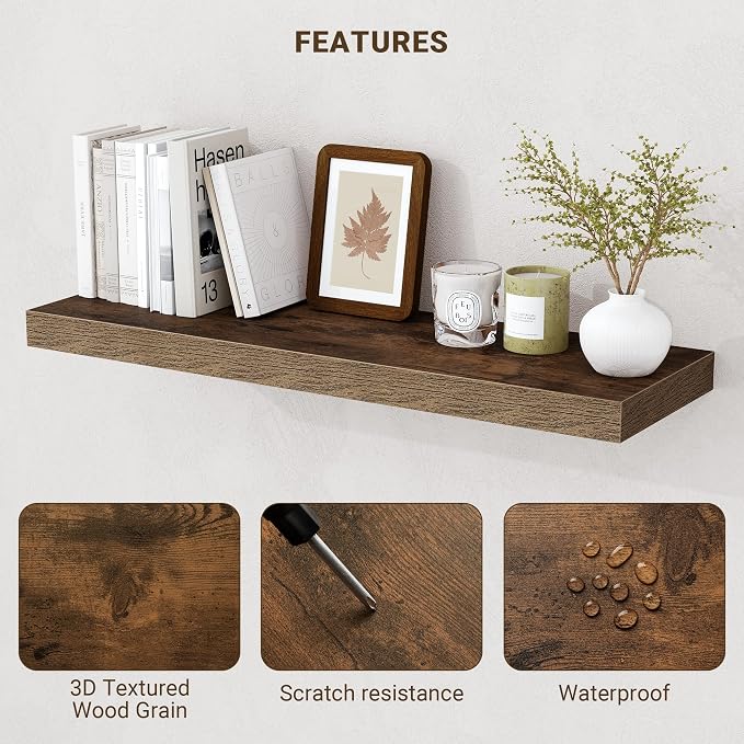 Acovy 72 Inch Floating Shelves, 3D Textured Wood Grain, Wooden Shelves - Image 4