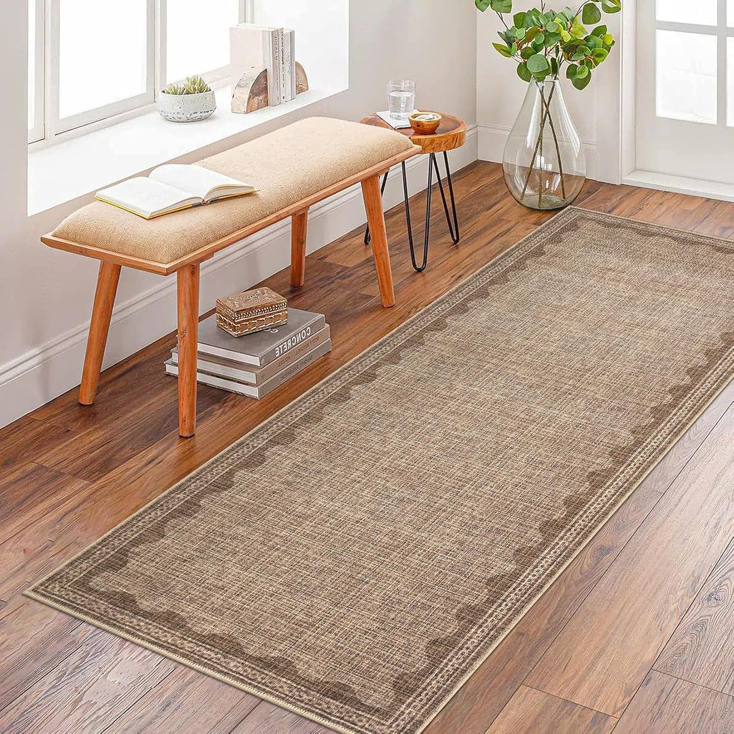 Scalloped Rug 2.5x8 Runners for Hallways, Solid Coffee Runner Rugs Non Slip Scalloped Bath Runner, Washable Mat for Bedroom Girls, Rugs for Kitchen Floor Soft Dorm Nursery Carpet for Bedside