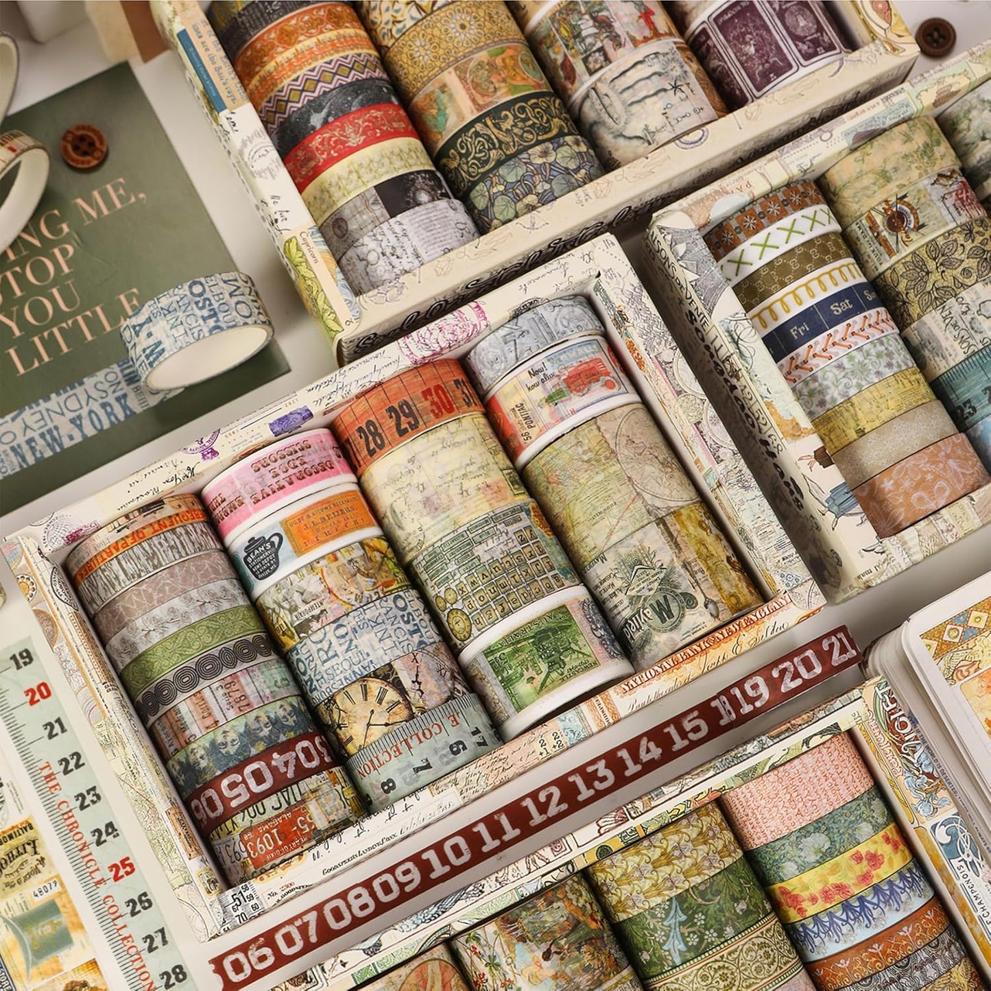 Vintage Washi Tape Set - 24 Rolls Arts Adhesive Tapes Assorted Retro Decorative Masking Tape Sets for Craft, Kids, Scrapbook, DIY, Gift Wrapping (1-Renaissance Dreams)