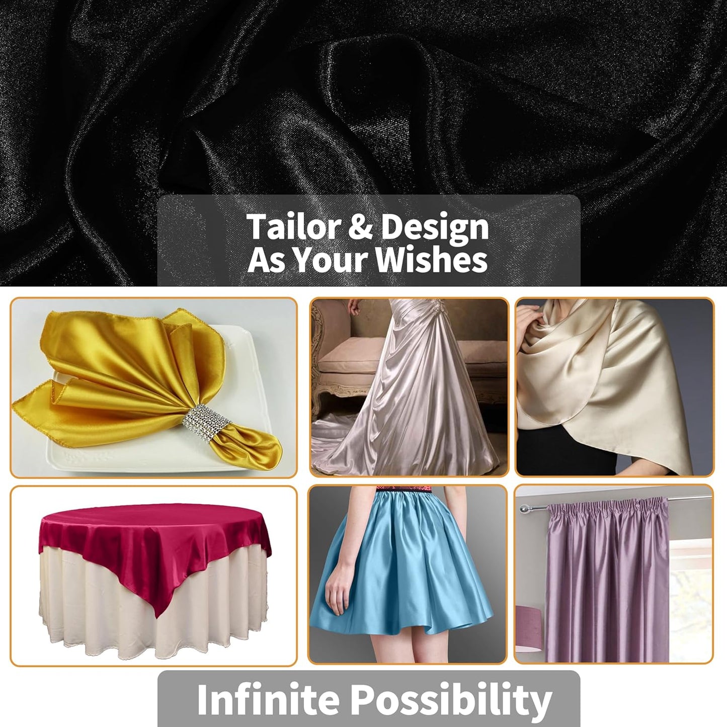 RUDONG M Black Satin Fabric by The Yard, 5 Yard x 60 Inch Wide Silky Charmeuse Satin Fabric, Soft Satin Fabric for Wedding Decorations, Bridal Dress, Sewing, Accessories, DIY Crafts