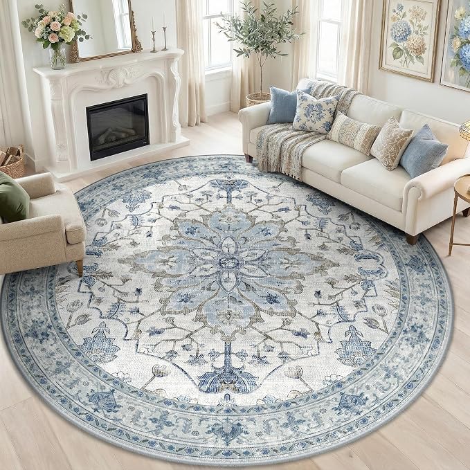 RELEANY Area Rugs Round 7ft Washable Non-Slip, Floral Vintage Distress Print - Image 3