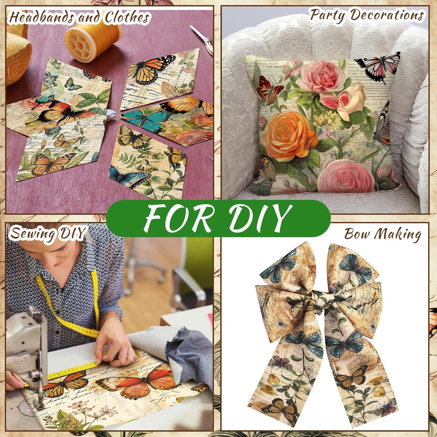 Ganeen 60 Pcs 10 x 10 Inch Vintage Butterfly Quilting Fabric Squares Summer Butterfly Fabric Bundle Retro Fat Patchwork Precut Stripes for Handmade Material Sewing DIY Crafts