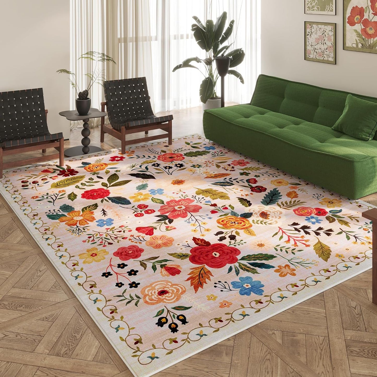 Rugcomf Area Rugs 8x10 Rug for Living Room Clearance Washable Boho Area Rug Non Slip Floral Vintage Low Pile Large Rug for Living Room, Bedroom, Farmhouse, Dining Room, Kids Playroom(Beige)