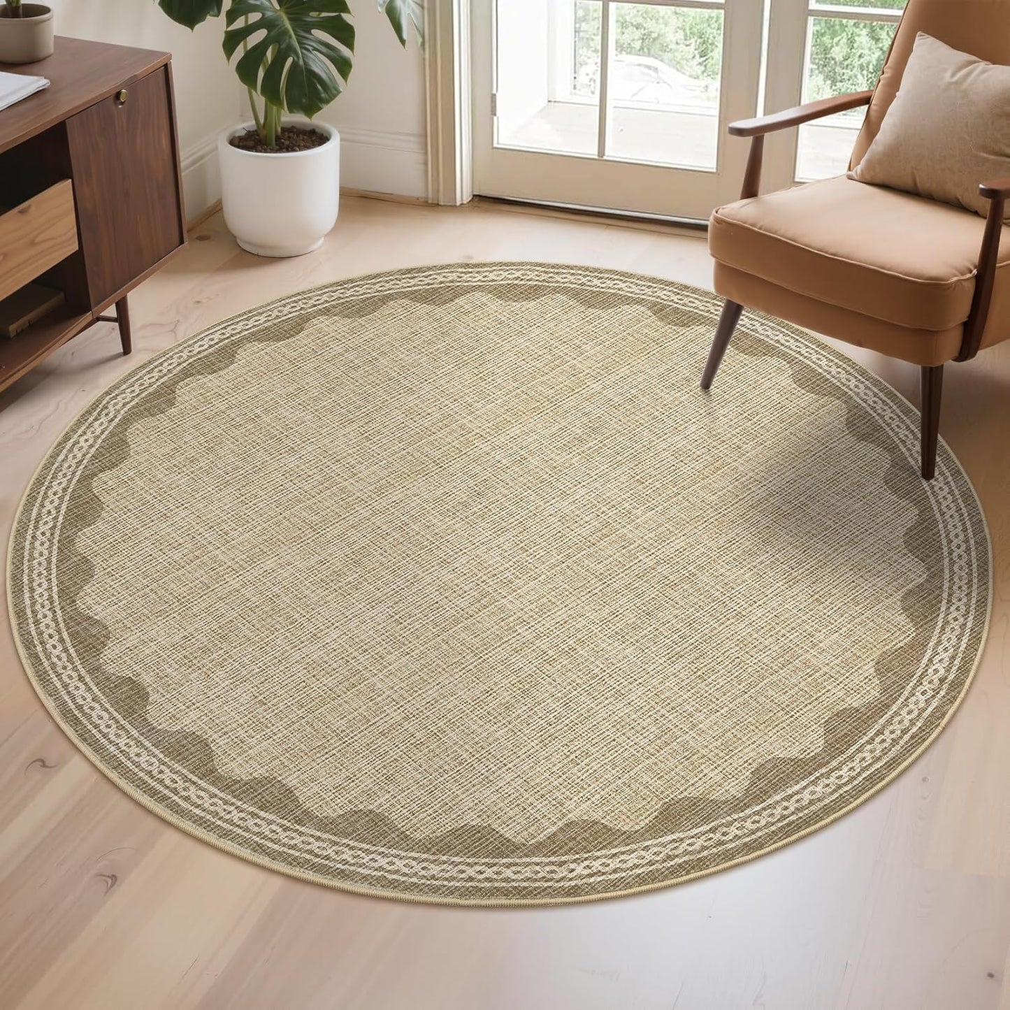 Scalloped Round Rug 6ft, Small Area Rugs Solid JuteRug for Bedroom Girls, Washable Rugs for Living Room, Non Slip Scalloped Round Bath Mat, Soft Dorm Nursery Carpet for Bedside