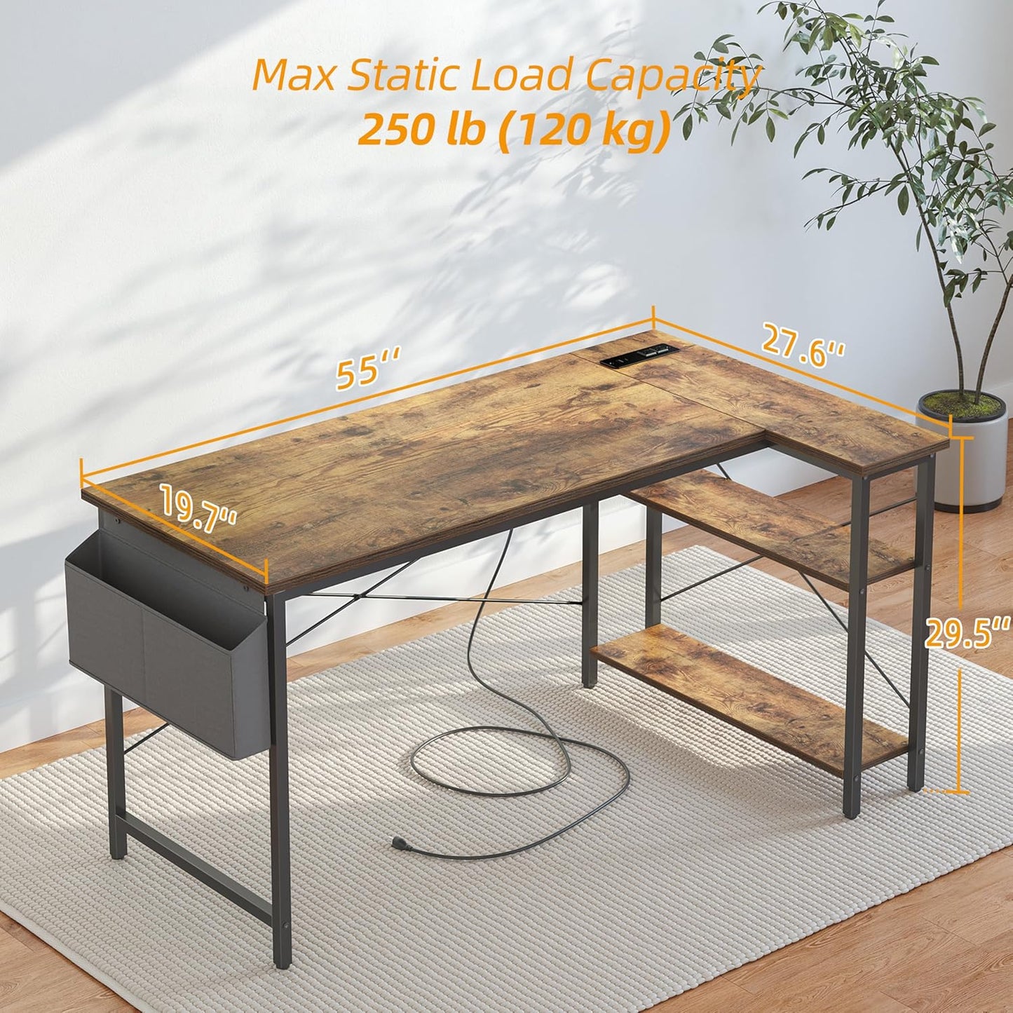 TIQLAB L Shaped Computer Desk with Power Outlets, 55 Inch Small Corner Desk with Reversible Shelves, Gaming Desk Computer Table Study Writing Desk for Home Office Small Space, Rustic Brown