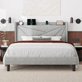 Feonase Full Bed Frame with Charging Station, Linen Upholstered Platform by FEONASE