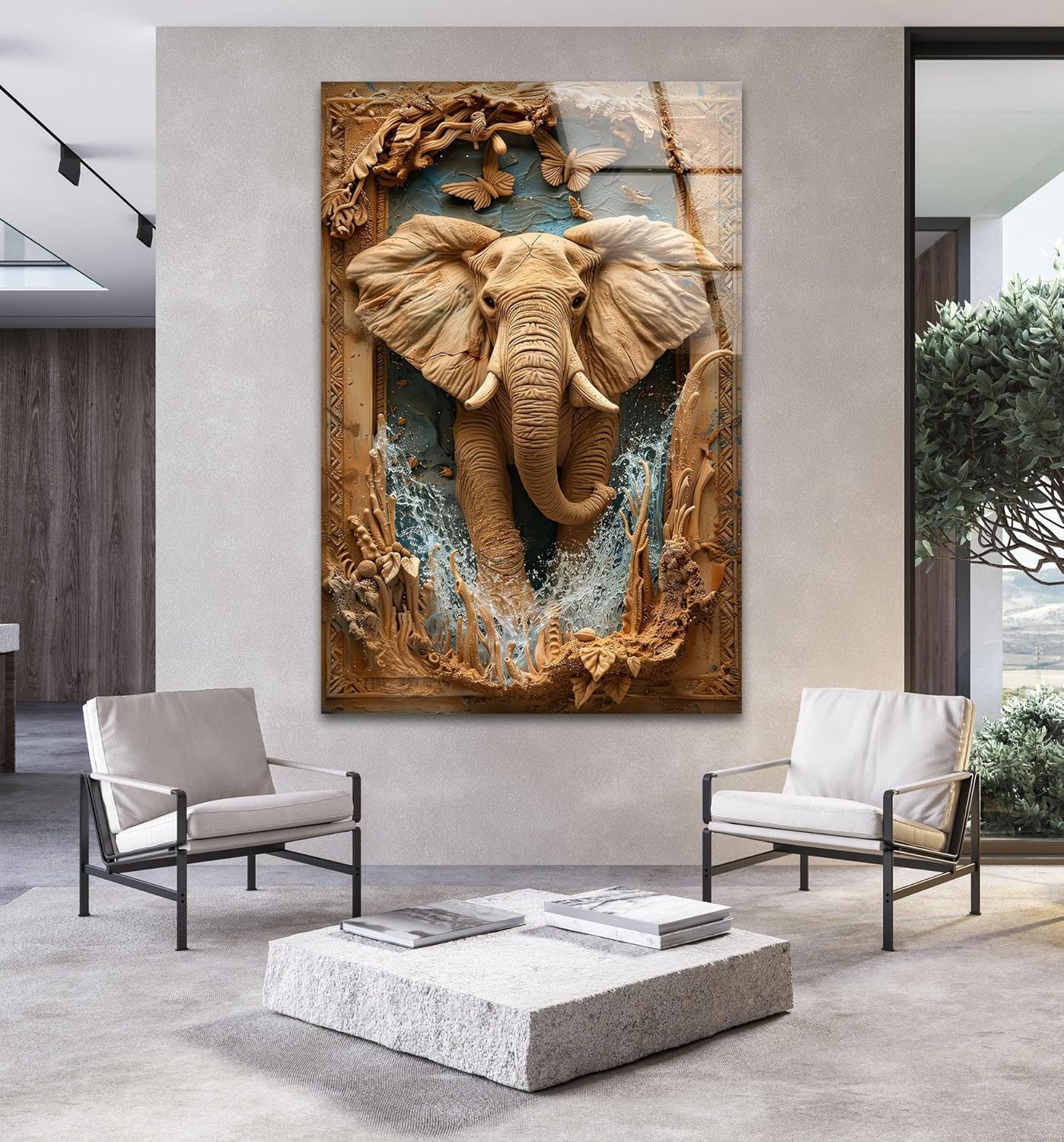 My Photostation.com Round 24'' Elephant Carving Glass Wall Art Tempered Glass Printing Wall Decor Large Wall Art Wall Hangings