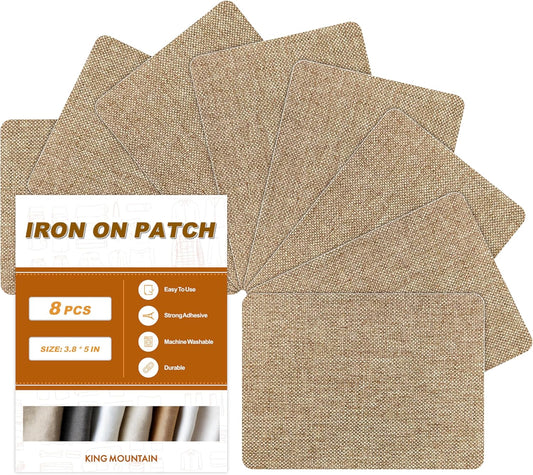 Iron on Patches, 8 Pieces Iron on Linen Patches,Fabric Patches for Couch, Tent, Clothing, Seat, Linen Repair Decorating Kit 3.7" by 4.9" (9.5 cm x 12.5 cm, Rice Coffee)