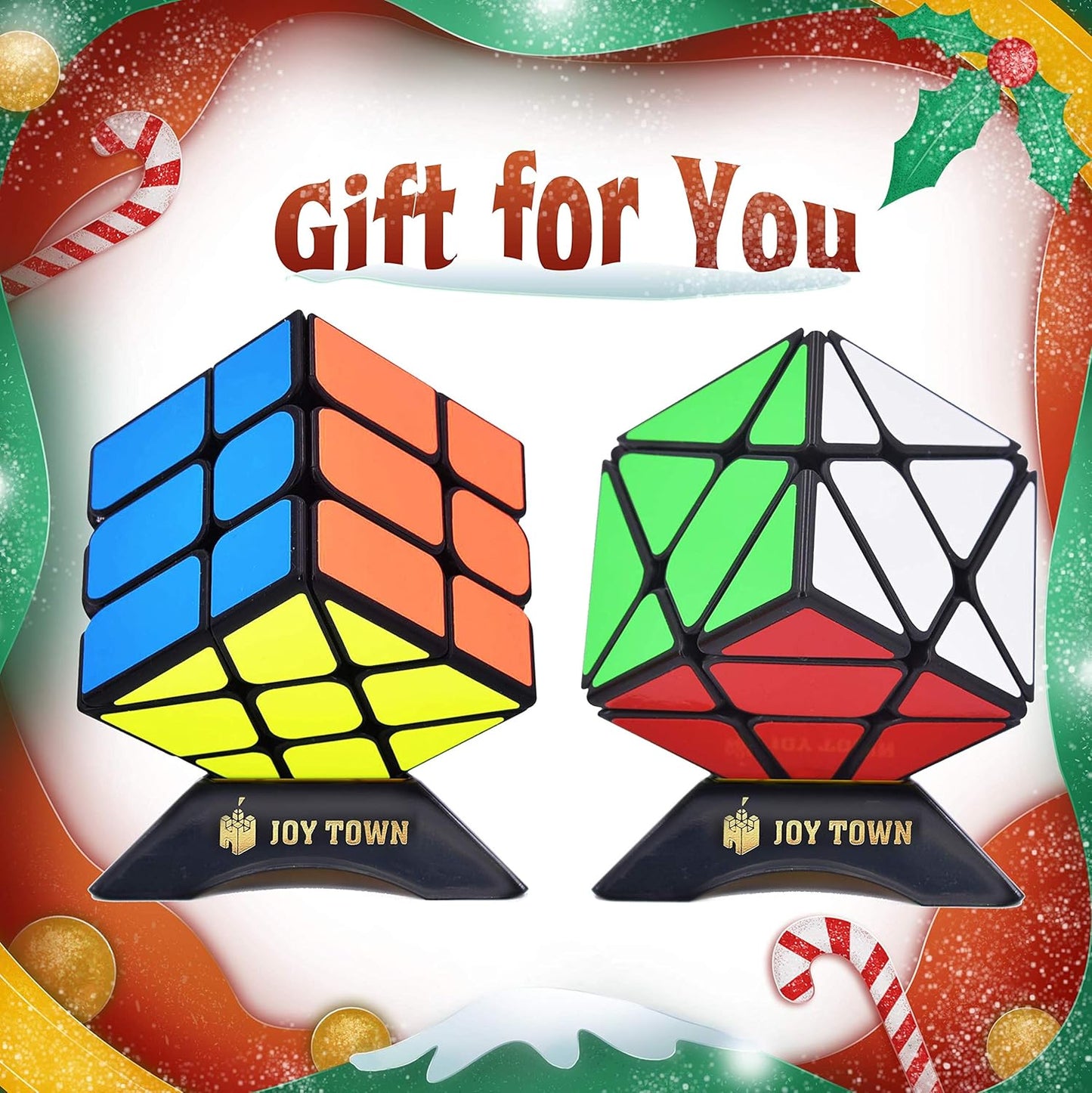 JoyTown Speed Cube Set of 2 Bundle Pack Windmill Cube Magic Puzzle, YJ Axis V2 New Version Fluctuation Angle Twisty Puzzle, Odd 3x3 Speedcubing with Bonus Stands Black
