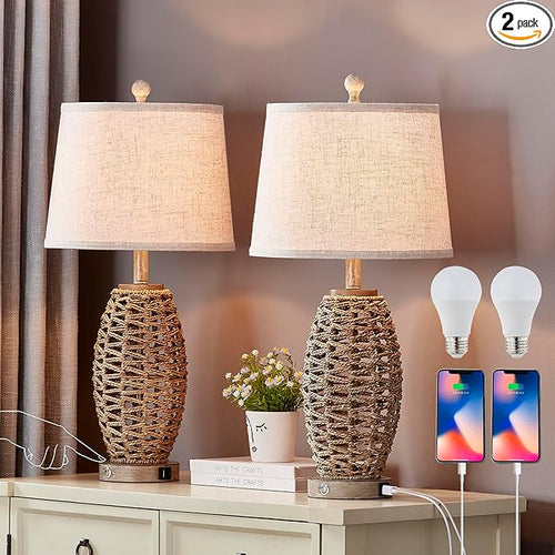 27” Natural Rattan Table Lamps Set of 2, Touch Switch, 3-Way Dimmable Bedside by Unknown