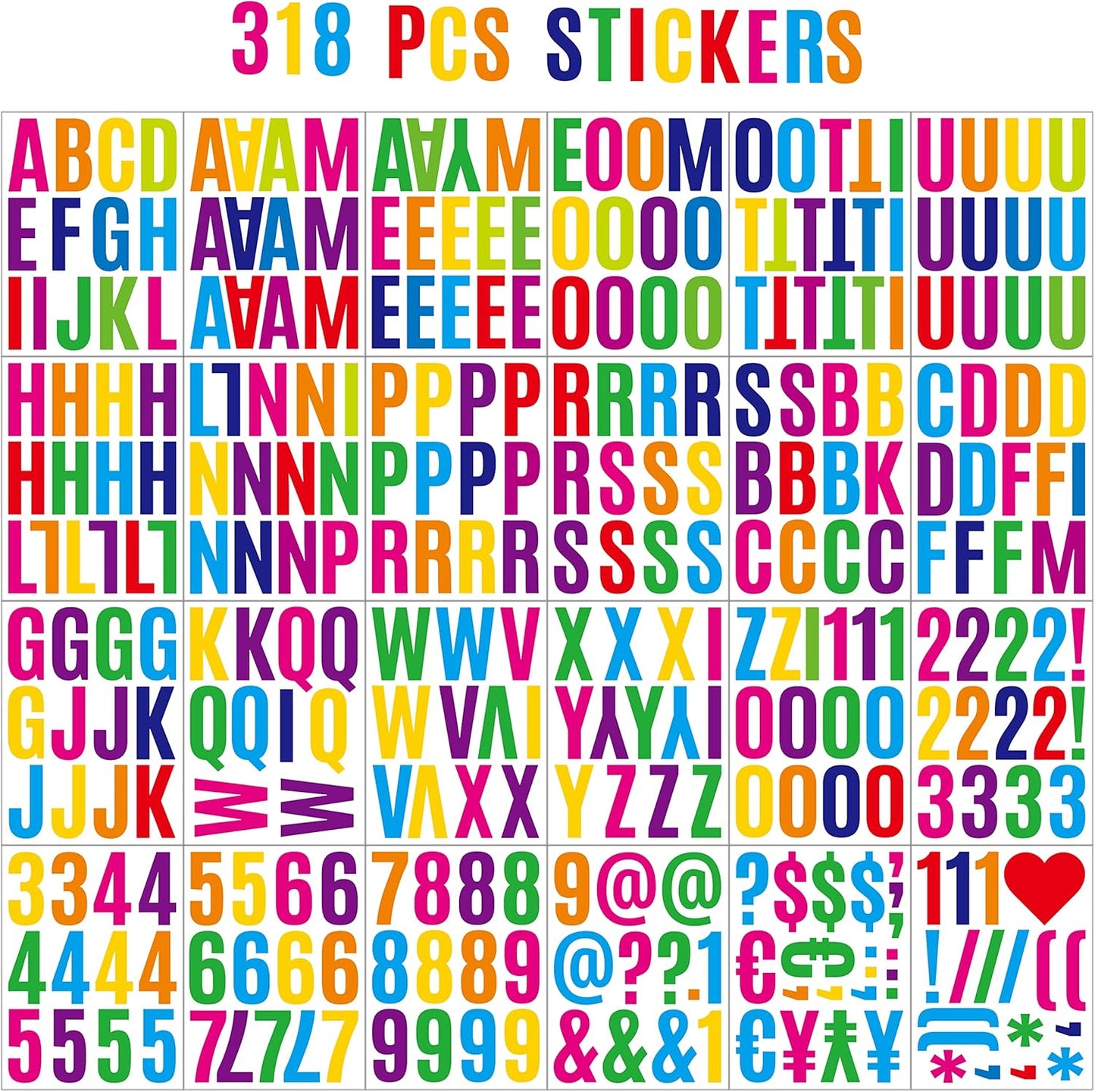 318Pcs 2inch Vinyl Letter & Numbers Stickers, Large Stick on Alphabet for Bulletin Board, Scrapbooking,Mailbox, House, Door, Wall,Scrapbook, Wall, Waterproof self Adhesive (Multi Color)