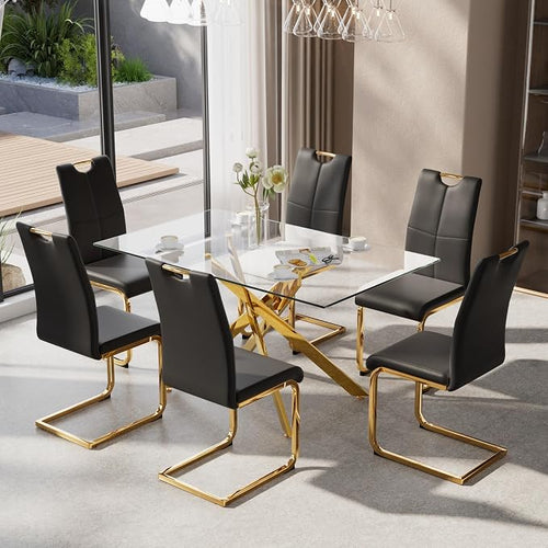 7-Piece Dining Table Set for 6, Modern Rectangular Glass Table by KATBOCFurniture