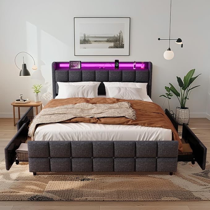 Full Size Bed Base with Multiple Color LED Lighting, Linen Upholstered Bed by BIOEVER